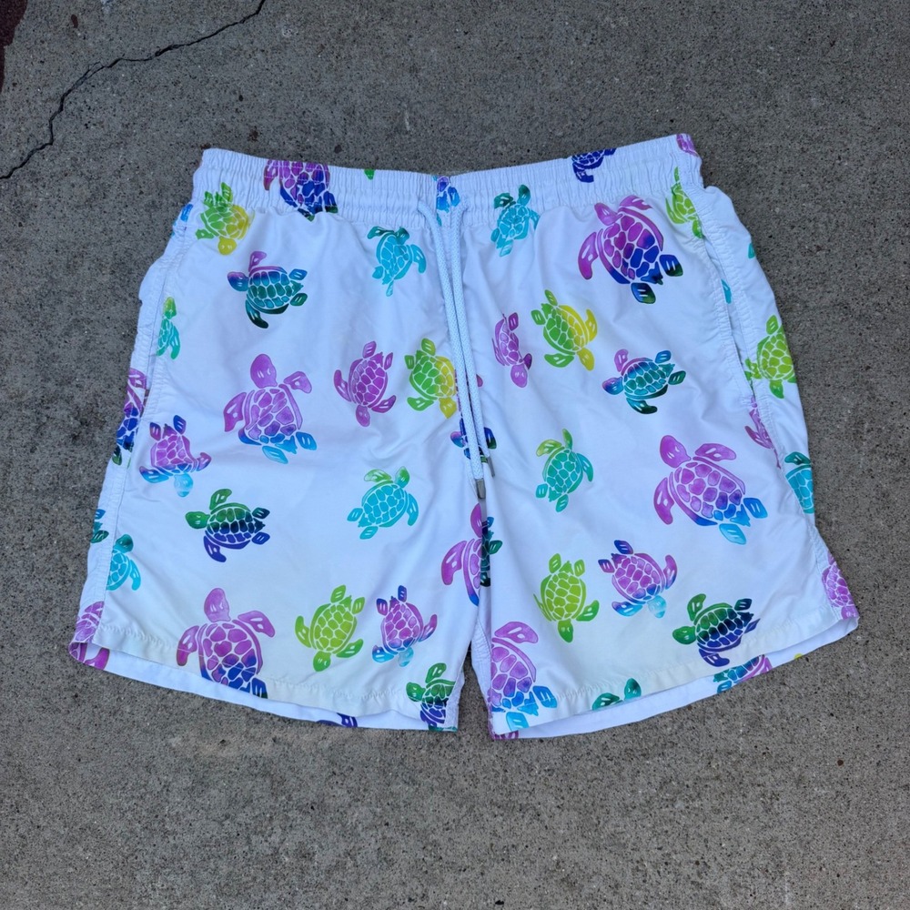 Vilebrequin Swim Trunks Mens XL White Rainbow Turtle Print Moorea Beach Shorts